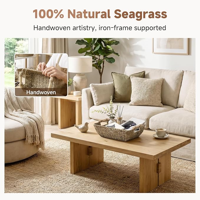 StorageWorks Hand-Woven Jumbo Storage Baskets with Wooden Handles, Seagrass Wicker Baskets for Organizing, 2-Pack - Image 5