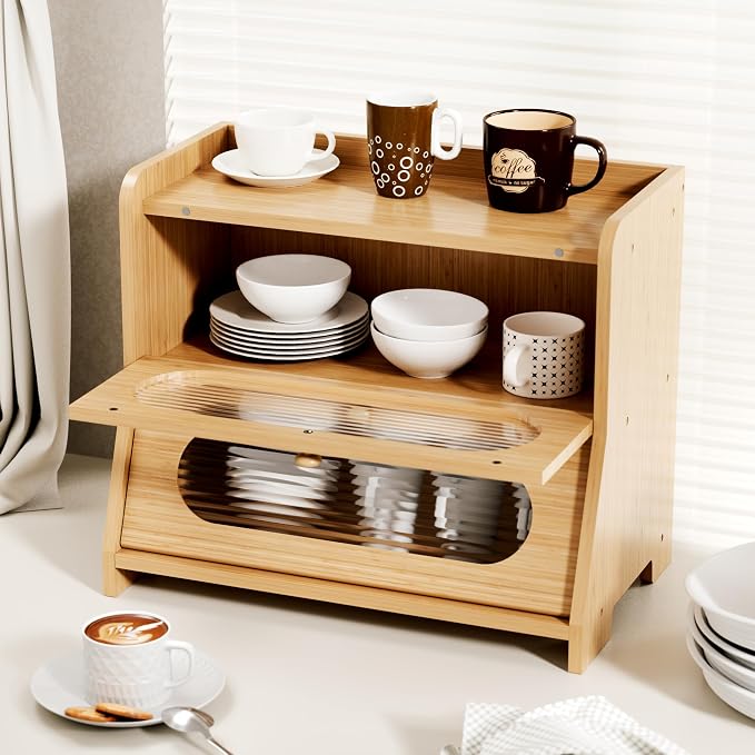 Bread Box,Extra Large 2-Tier Bamboo Bread Box for Kitchen Countertop,Bread Storage Container with Magnetic Acrylic Door for Homemade Bread,Under Cabinet,Pantry Organizer(Natural) - Image 7