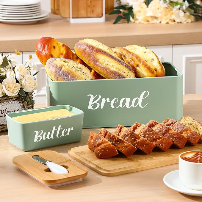 Hushee Metal Bread Box and Butter Dish with Bamboo Cutting Board Lid and Knife Bread Storage Container Breadbox for Kitchen Counter Butter Organizer for Kitchen Countertop Decoration(Sage Green) - Image 5