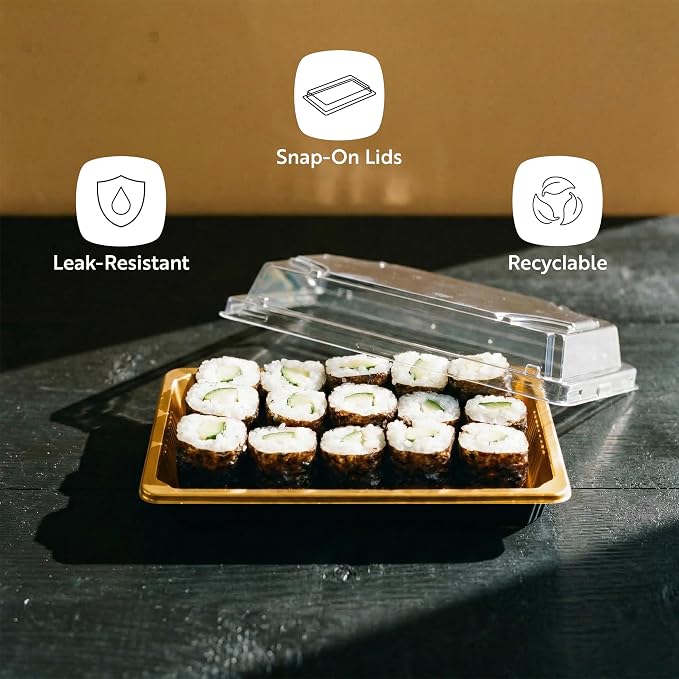 Restaurantware Plastic Sushi Trays 100 Pack of 6.5 x 4.33 x 1.57 Inch With Clear Lids Leak-Resistant Sushi Take Out Boxes Stackable Containers For Grab-And-Go - Image 4