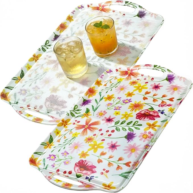 Extra Large Melamine Platters, Serving Tray with Handles for Cookie, Cupcakes, Desserts, Dishwasher Safe, Ottoman Tray Decor, Set of 2, 2 pcs Mats Included (Cottagecore Flower, 19''x11.6'') by BEESEBN