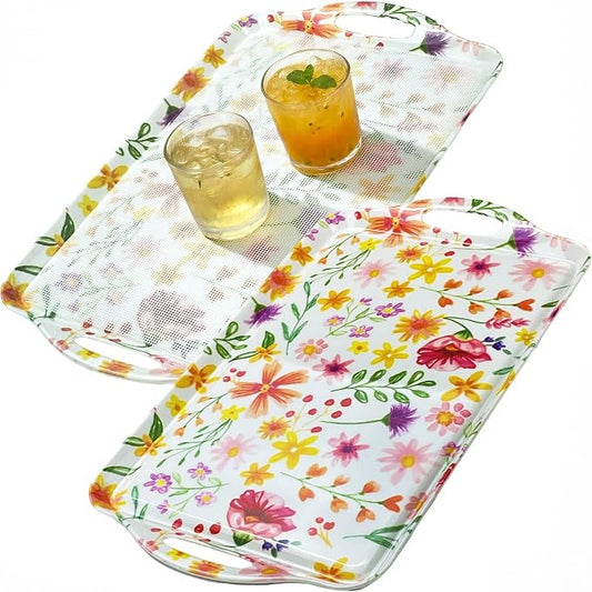 Extra Large Melamine Platters, Serving Tray with Handles for Cookie, Cupcakes, Desserts, Dishwasher Safe, Ottoman Tray Decor, Set of 2, 2 pcs Mats Included (Cottagecore Flower, 19''x11.6'') by BEESEBN
