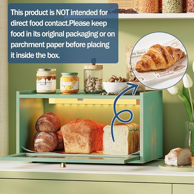 Trironsun Bamboo Bread Box with Led Light for Kitchen Counter Large Capacity Bread Storage Container Kitchen Countertop Organizer with Window Bread Holder (Antique Blue) - Image 7