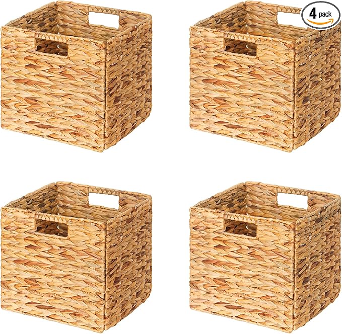 SpaceAid 4 Pack Wicker Basket, Storage Baskets for Organizing, Woven Rattan Basket with Handles for Shelves, Water Hyacinth Large Cube Organizer Storage Bin, 12x12x12 inch, Natural by SpaceAid