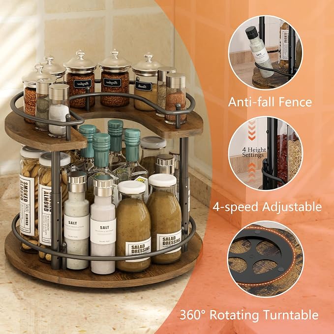 2 Tier Lazy Susan Organizer,2-Tier Spinning Spice Rack with Stable Carousel Base & 4 Height Settings for Cupboard Kitchen Countertop Dining Table Cupboard (Round) - Image 5