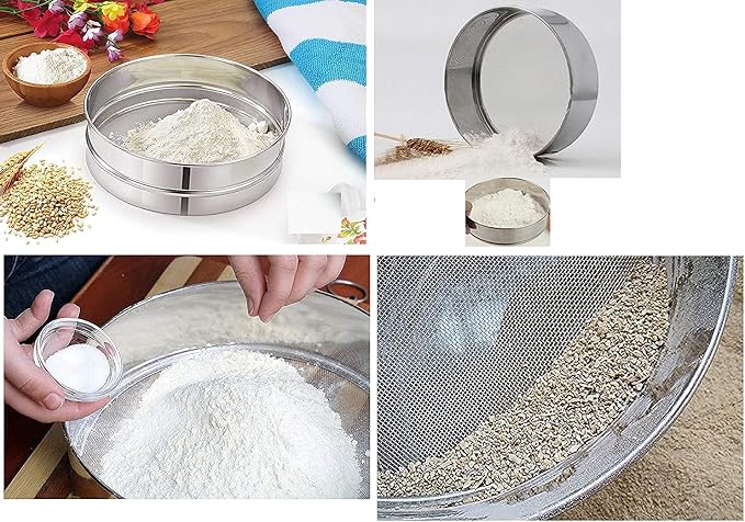 Flour Sifter, Stainless Steel Fine Mesh Strainers Flour Sieve, Sieve Fine Mesh Kitchen Home Flour Sieve with 4 Different Design Shape Disks (Jaali), Aata Chalani Durable Professional Round - Silver - Image 4