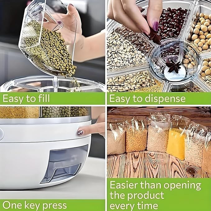 Rotating Grain Storage Bin 6 Grids Rice Container One-Click Output Large Capacity Food Dispenser For Rice Grains Sealed Moisture Proof Organizer (Grey) (Small) - Image 3