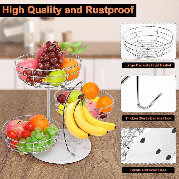 Livabber Fruit Basket Bowl with Banana Hanger, Metal Fruit Vegetable Storage Basket with Banana Holder for Kitchen Counter, Detachable Organizer for Bread Snack Produce (Chrome, 3-Tier Marble Base) - Image 8