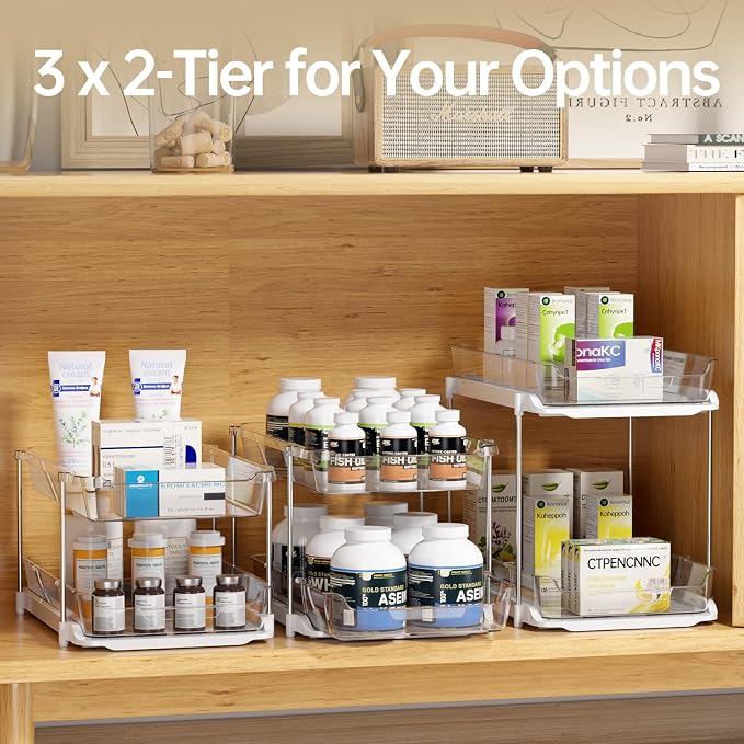 Delamu 2 Sets of 3-Tier Bathroom Under Sink Organizers and Storage, Multi-Purpose Stackable Pantry Organization and Storage, Pull Out Clear Kitchen Bathroom Cabinet Organizer with Movable Dividers | Storage - Image 6