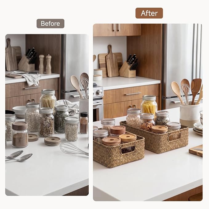StorageWorks Wicker Baskets for Organizing, Woven Baskets for Storage | Seagrass, Pantry, Bathroom, Kitchen Closet, Table, Decorative, Book, Towel, Magazine, Food, Small, Medium, Rattan, Handle - Image 6