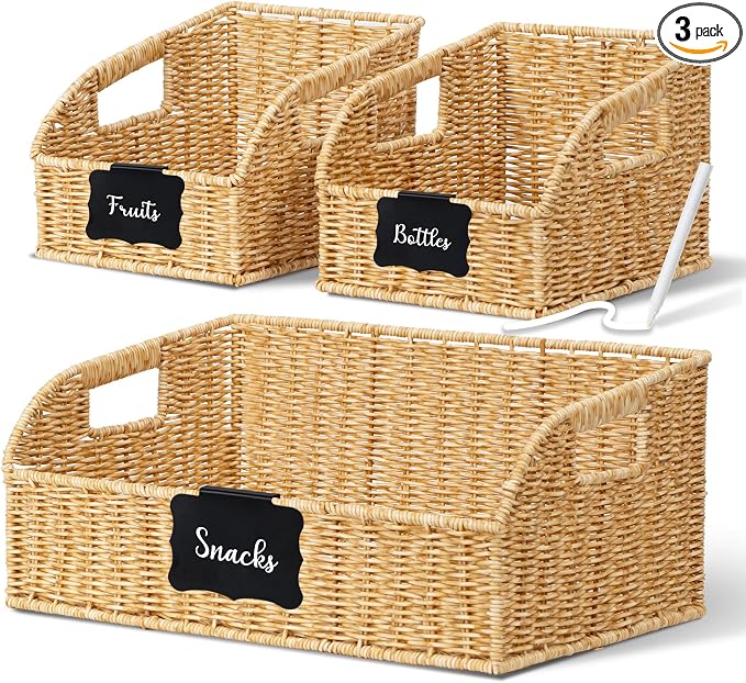Brownlily Faux Wicker Pantry Storage Baskets, Natural-Single Set (3-Piece) | Handwoven Baskets for Organizing with Built-in Handles, All-Purpose Storage Baskets with Chalkboard for Shelves,Laundry Room by Unknown
