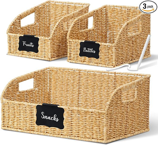 Brownlily Faux Wicker Pantry Storage Baskets, Natural-Single Set (3-Piece) | Handwoven Baskets for Organizing with Built-in Handles, All-Purpose Storage Baskets with Chalkboard for Shelves,Laundry Room by Unknown