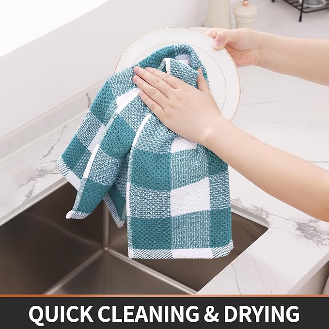 Homaxy Kitchen Towels and Dishcloths Set, Set of 10, White & Lake Blue | Bulk Cotton Waffle Weave Check Plaid Kitchen Towels, Super Soft and Absorbent Dish Cloths, 12 x 12 and 13 x 28 Inches - Image 5
