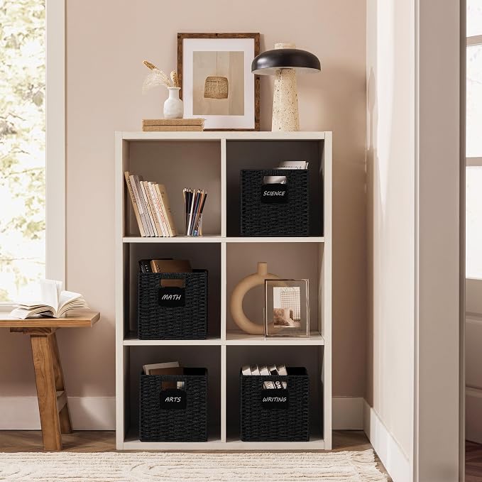 UBBCARE 4 Pack Small Wicker Basket, 9×9 Storage Cubes with Label, Foldable Cube Storage Bin with Handle, Square Storage Basket for Shelves, Woven Paper Rope Basket for Organizing, Black - Image 5