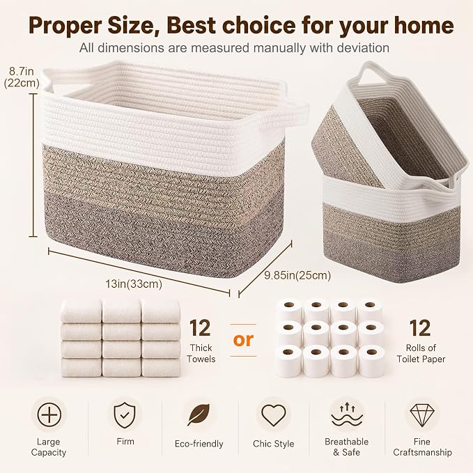 OIAHOMY Storage Basket, Woven Baskets for Storage, Cotton Rope Basket for toys,Towel Baskets for Bathroom - Pack of 3, Gradient Dark Brown - Image 5