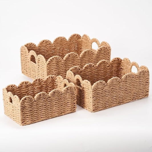 Scalloped Wicker Baskets Set of 3, Hand-Woven Storage with Handles | set of 3 tan scalloped baskets with handles. Hand-woven paper rope for shelves, bathroom or closet. Stackable, sturdy. by Floramill