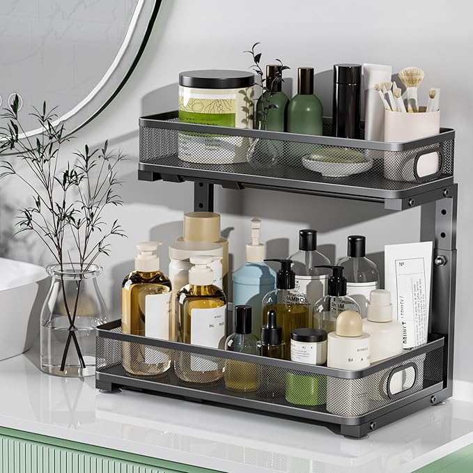 Under Sink Organizer 2 Pack, High Adjustable 2 Tier Under Sink Organizers and Storage, Slide out Metal Cabinet Organizers, Pull out Storage Drawer Shelf for Kitchen Bathroom Cabinet (Black) - Image 7