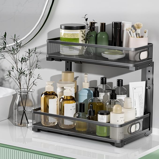 Under Sink Organizer, High Adjustable 2 Tier Under Sink Organizers and Storage, Slide out Metal Cabinet Organizers, Pull out Storage Drawer Shelf for Kitchen Bathroom Cabinet (Black-1pack) - Image 8