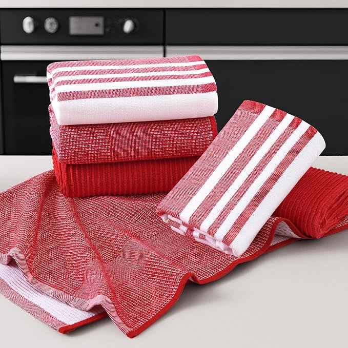 Homaxy Cotton 380 GSM Premium Kitchen Towels, 18"x 28", 12 Pack, Red | Soft and Absorbent Terry Dish Towels, Multipurpose Tea Towel Set with Hanging Loop, 3 Styles Kitchen Hand Towels - Image 5