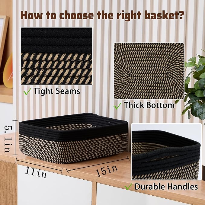 MiniArk Large Shallow Organizing Baskets 15x11x5.1 Inches - Rope Woven Storage Bins for Bathroom, Shelves, Cube Closet, Black Woven Brown 4 Packs - Image 2