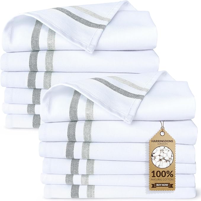 100% Cotton Kitchen Towels, Highly Absorbent Dish Towels for Kitchen with Hanging Loop, Large 20"x28" Washable Towels, Gray Shades,12 Pack by Harringdons