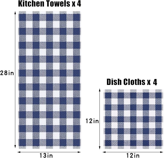 Homaxy Kitchen Towels and Dishcloths Set, Set of 8, Blue & White | Bulk Cotton Waffle Weave Check Plaid Kitchen Towels, Super Soft and Absorbent Dish Cloths, 12 x 12 and 13 x 28 Inches - Image 3