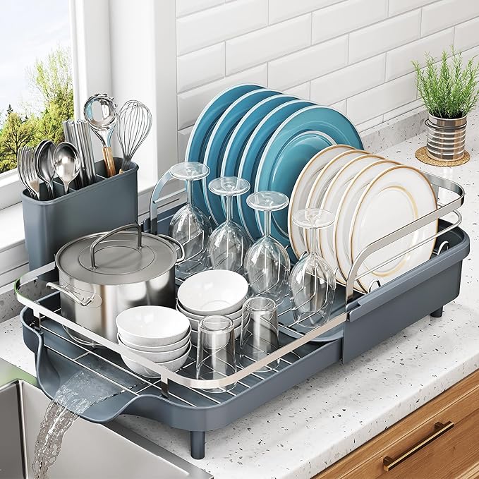 SNTD Expandable Dish Drying Rack for Kitchen Counter, 15.2-22.1 in, Gray | Rust-Resistant Stainless Steel, Protective Side Rails, Self-Draining Drainboard, Removable Utensil Holder by SNTD