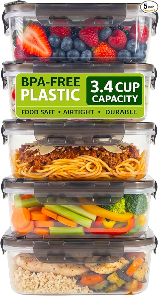 BPA-Free Plastic Airtight Food Storage Containers with Vented Lids, 5-Pack (3.4 Cups Each) for Meal Prep and Leftovers by Clutterix
