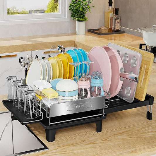Expandable Dish Drying Rack for Kitchen Counter, 304 Stainless Steel, Flip-Top Retractable Plate, Multi-Directional Adjustable, Space-Saving Large Drying Rack, Black by StartYourHomeStorageLife