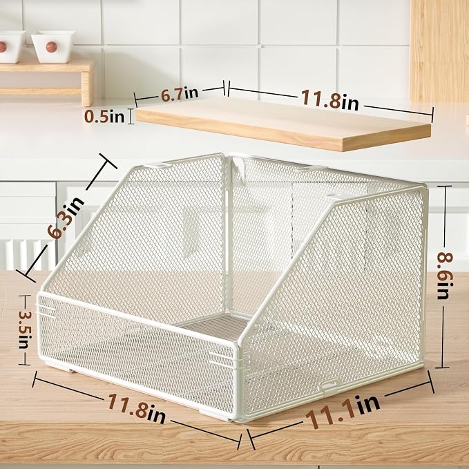 Stackable Fruit Basket for Kitchen Countertop Space Saving, Wall Mounted Mesh Metal Wire Basket with Wood Lid Extra Storage, 2 Pack Kitchen Counter Organizer for Snack, Onion and Potato Storage, White - Image 2
