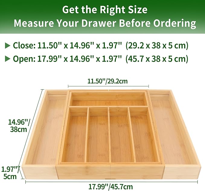 VaeFae Bamboo Drawer Organizer, Medium, Natural | Kitchen Utensil Holder, Multi-Function Drawer Storage，38 cm D x 29.2-45.7 cm W, 5-7 Slots, Natural - Image 3