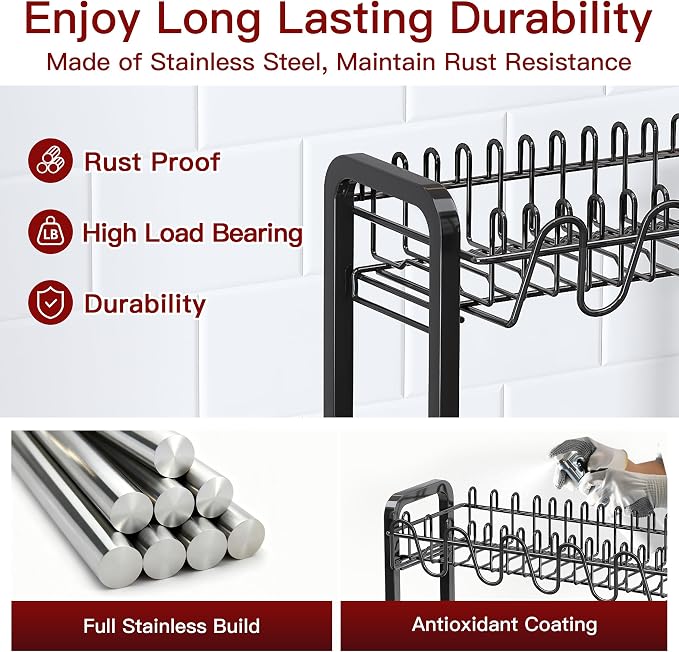 2 Tier Black Stainless Steel Dish Drying Rack for Kitchen Counter | Large Capacity Dish Drainer with Drainboard, Cup & Utensil Holder, Space Saving Rustproof Metal Plate Rack, Fast Drain - Image 4