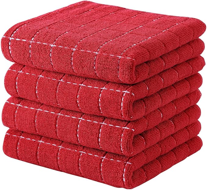 Kitinjoy 100% Cotton Terry Kitchen Towels, 13”x 28”, 4-Pack, Red | Checkered Designed, Ultra Soft Absorbent Quick Drying Dish Towels by Kitinjoy
