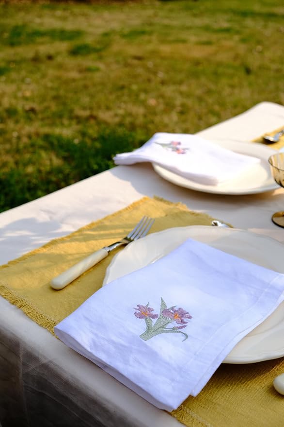 White Linen Napkins Set of 4-100% Pure Linen Embroidered Dinner Napkins 19 x 19 Inch for Spring, Summer Memorial Day - Botanical Embroidery (Lily Garden Collection) (Iris Garden Collection) - Image 7