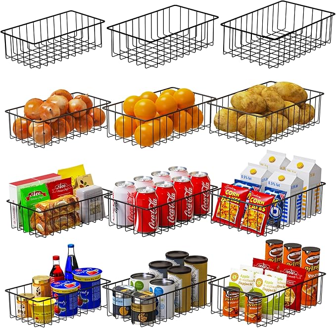 Joben Oligey 12 PACK (3 Szie) Small Wire Storage Baskets for Organizing,Pantry Organization Bins for Cabinets, Metal Basket for Kitchen, Bathroom Organizer (Black) by JobenOligey