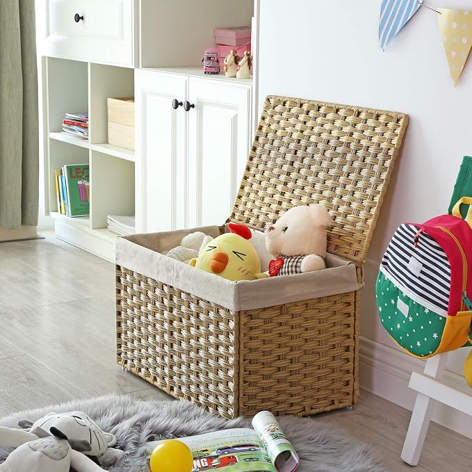 SONGMICS Storage Basket with Lid, Woven Blanket Storage Bin with Handles, Foldable, Removable Liner, Metal Frame, for Bedroom, Laundry Room, 17.2 Gallons (65 L), Natural URST56NL - Image 2