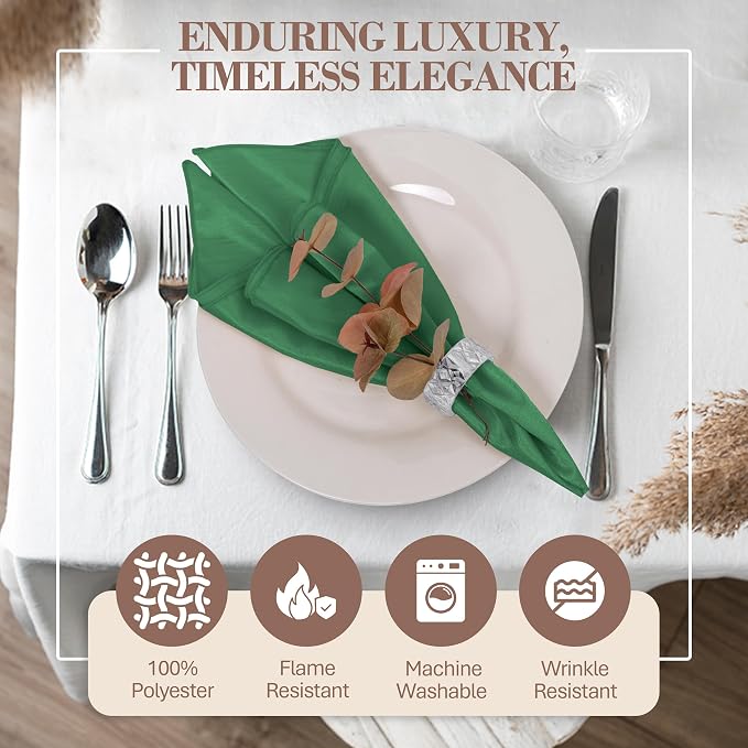17x17-Inch Shantung Cloth Napkins, Emerald, Set of 120 | Bulk Case of 10 Dozen, Satin, Square, 100% Polyester Fabric, Reversible, Faux Dupioni Silk Reverse Side, Machine Washable - Image 2