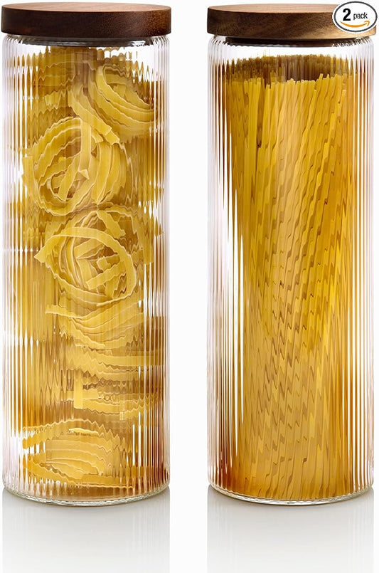 Mason & Fable Ribbed Glass Canisters or Spaghetti Jars with Airtight Wood Lid- Tall Storage Containers for Pasta, Cereal or Flour -Ideal for Kitchen/Pantry Organization - 60 fl.oz, Set of 2 by MasonFable