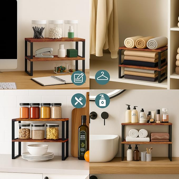 Sben Cabinet Organizer Shelf, Set of 2 Kitchen Counter Shelves, Kitchen Storage, Spice Rack, Stackable, Expandable, Metal and Engineered Wood, Ink Black and Rustic Brown - Image 7