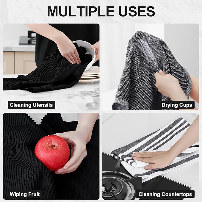 Homaxy Cotton 380 GSM Premium Kitchen Towels, 18"x 28", 9 Pack, Black | Soft and Absorbent Terry Dish Towels, Multipurpose Tea Towel Set with Hanging Loop, 3 Styles Kitchen Hand Towels - Image 4