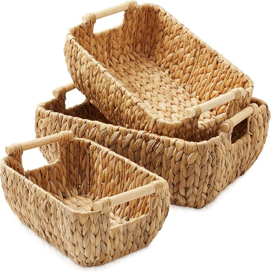 Casafield Set of 3 Water Hyacinth Oval Storage Baskets with Wooden Handles - Small, Medium, Large - Woven Nesting Basket Organizers by Casafield
