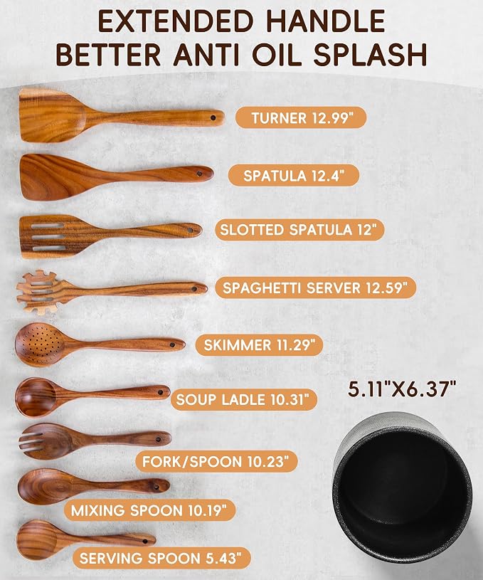 Wooden Cooking Utensils Set with Ceramic Holder,Teak Wood 10pcs Utensils | Holder for Countertop with Protection Cork Bottom,Nonstick Spoons, Spatula Set,Kitchen Decor, (Stone Black) - Image 4