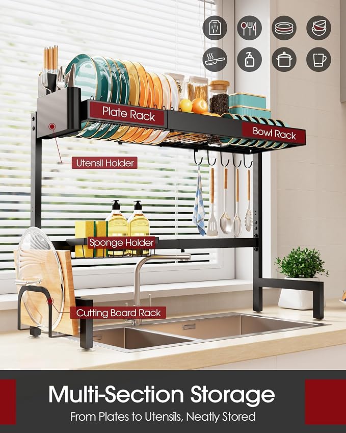 Sakugi 2-Tier Dish Drying Rack Over The Sink, Expandable for Counter | Rustproof Stainless Steel Kitchen Storage Accessories, Space-Saving 30"–34.5"Lx12"Wx25"H, Black - Image 2