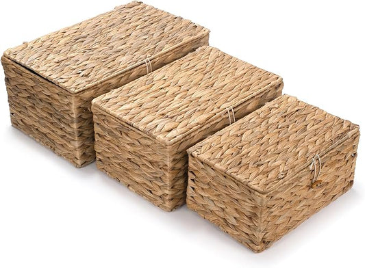 XIMISISE 3 Pack Wicker Storage Basket with Lid, Water Hyacinth Basket | Woven Basket for Shlef, Decorative Storage Boxes for Organizing by XIMISISE