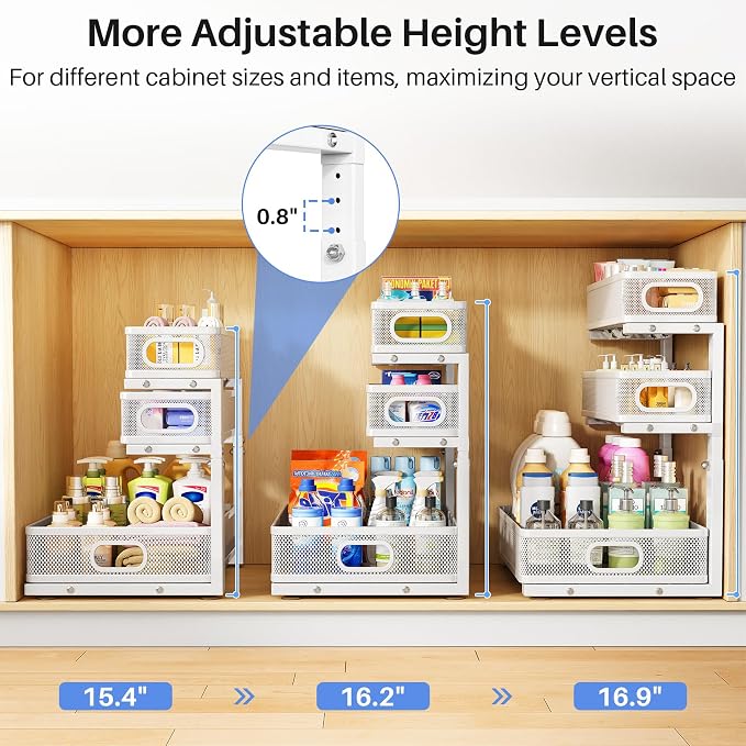 Under Sink Organizer, 3-Tier Thickened Metal Pull out Cabinet Organizer Shelf, Height Adjustable Slide out Storage Drawer Rack for Kitchen Bathroom Pantry Laundry Home Organization, 1-Pack, White | 35% Extra Storage Capacity, Carbon Steel, Hold Up 55lb... - Image 9