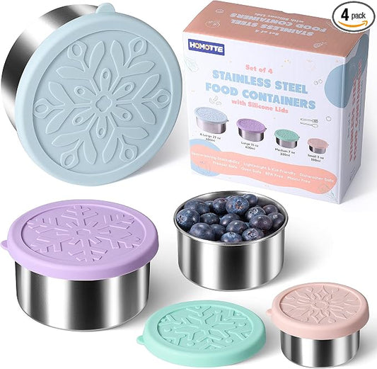 18/8 Stainless Steel Food Snack Storage Containers(4 Pack: 3/7/13/22oz) | Stackable, Leakproof Lunch Box with Silicone Lid, for Kids and Toddler Home School Use by VisittheHomotte