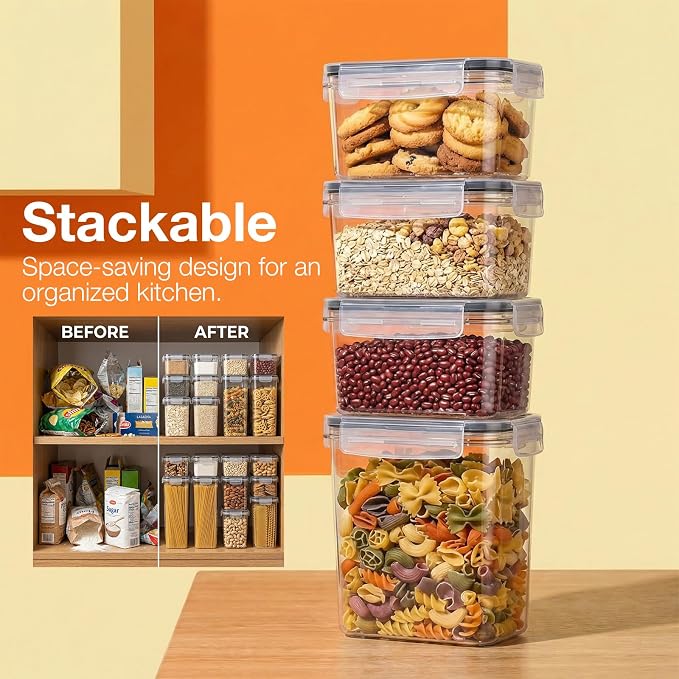 48PCS Airtight Plastic Food Containers with Lids(24 Lids &24 Containers) | 24 Labels & Marker, Stackable and reusable cereal containers storage, for flour, dry food canisters and pantry organization - Image 7