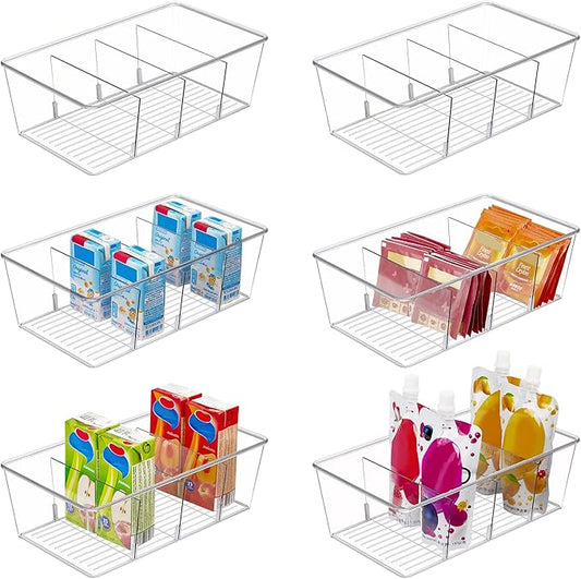 Vtopmart 6 Pack Food Storage Organizer Bins, Clear Plastic, 4 Compartments | For Pantry, Kitchen, Fridge and Cabinet Organization, Organize Food Packets, Snacks, Pouches and Spice Packets by Vtopmart