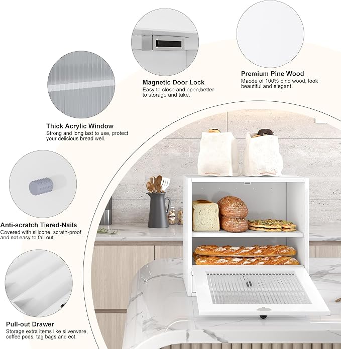 Alpeir Wooden Bread Box for Kitchen Countertop, Large Capacity with Ventilation Holes Adjustable Tiered-Shelf, Vintage Farmhouse Breadbox with Drawer & Window, Longer Freshness, White - Image 8