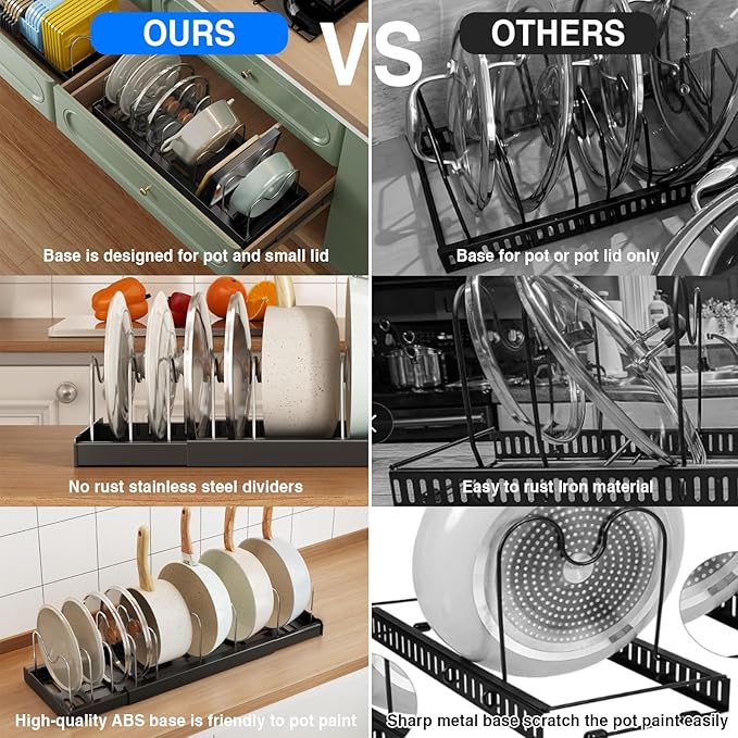 Mustorn Pots and Pans Organizer Under Cabinet, 22" Expandable Food Storage Container Lid Organizers with 9 Adjustable Dividers Pot and Pan Lid Holders Rack Inside Cabinet/Countertop(1 Pack, Black) - Image 5